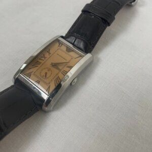Emporio Armani Rectangular Dial Watch – Stainless Steel – Brown Leather Strap